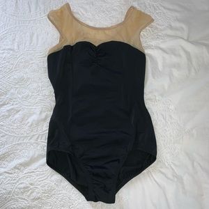 Natalie dance wear black leotard with nude mesh